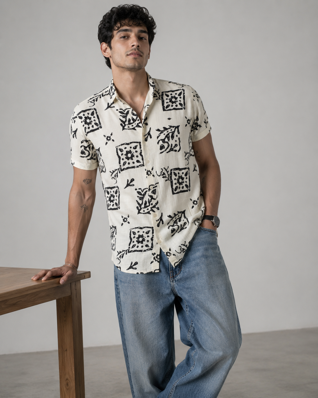 Ivory Tile Print Cotton Shirt