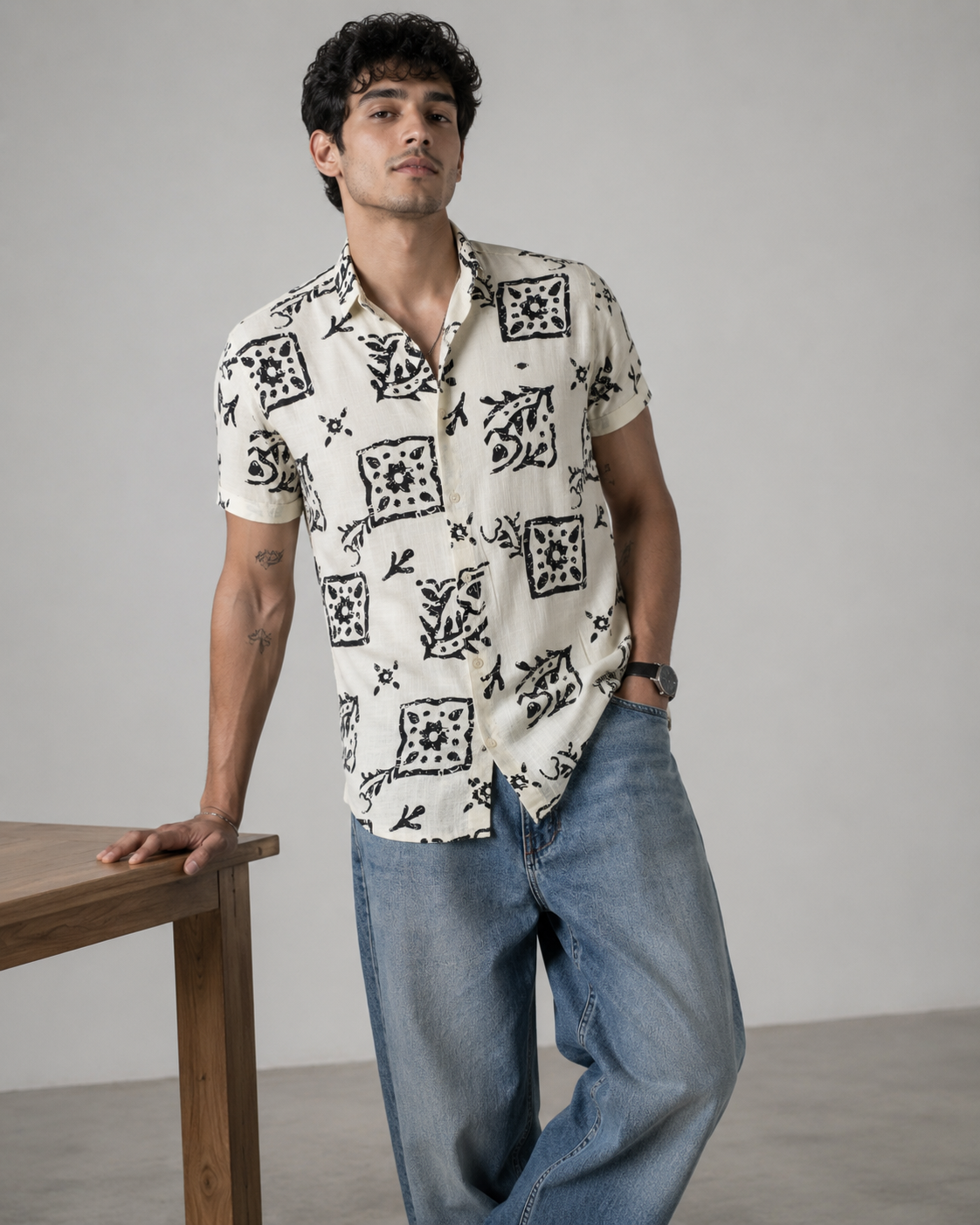 Ivory Tile Print Cotton Shirt