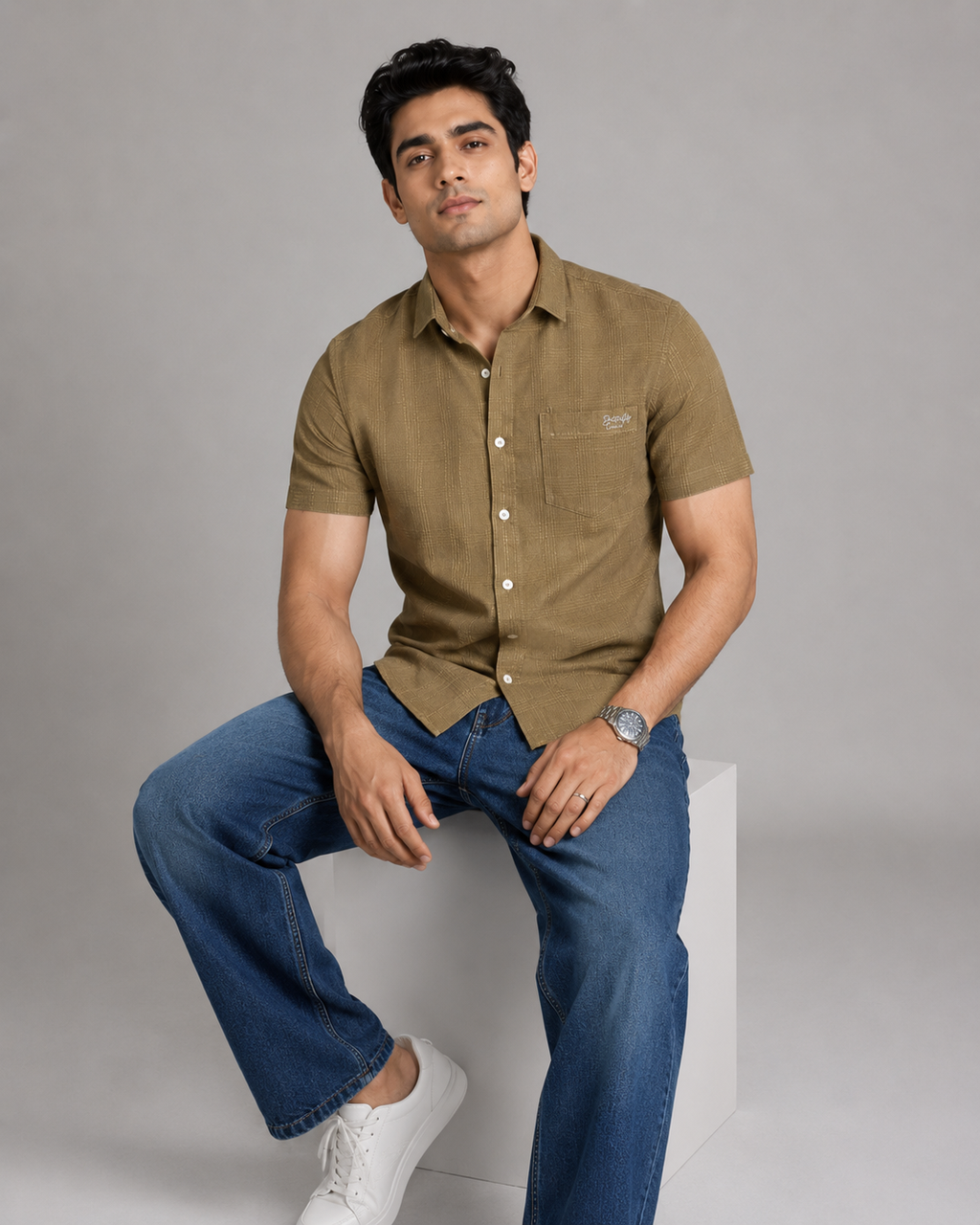 Khaki Textured Cotton Shirt
