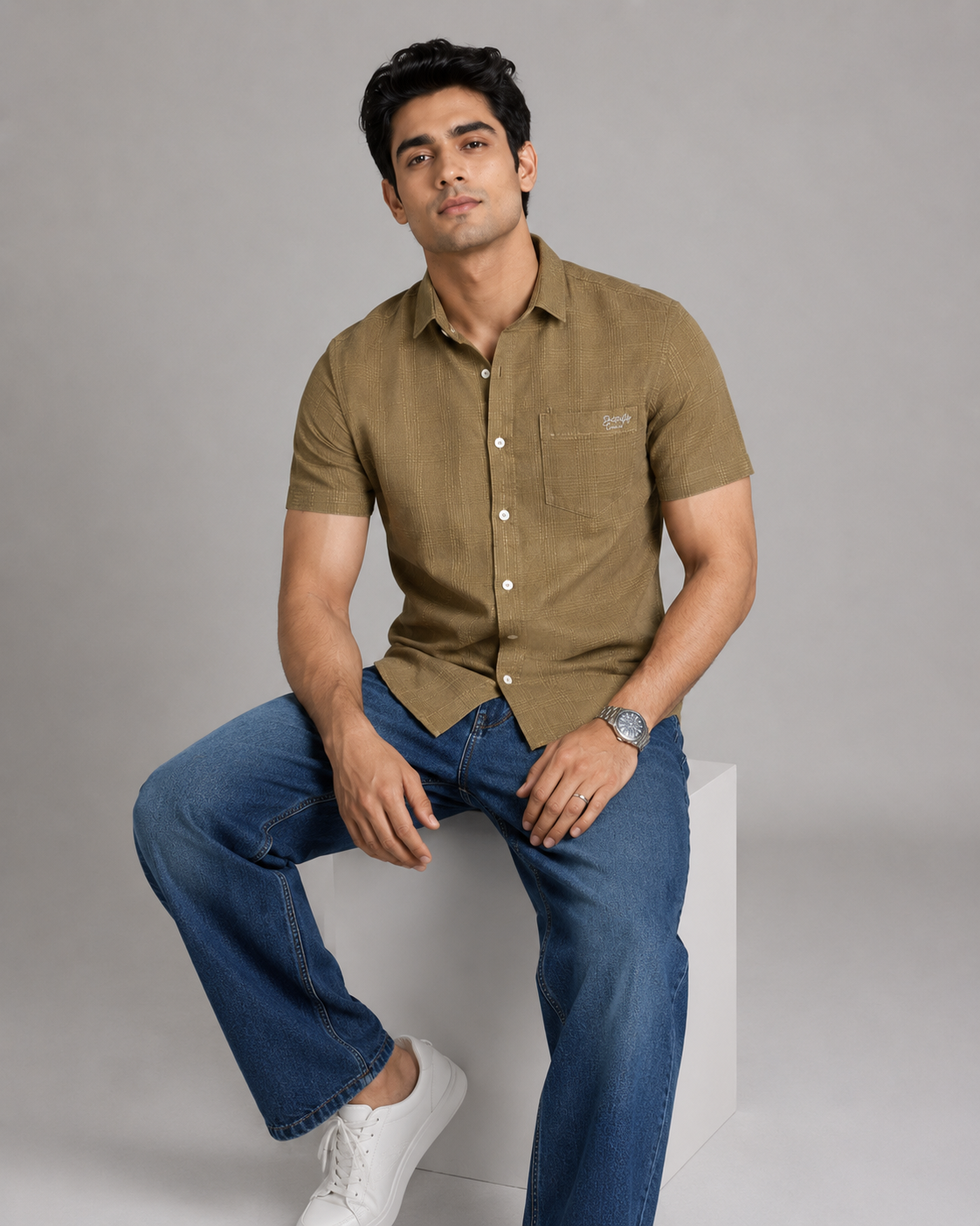 Khaki Textured Cotton Shirt