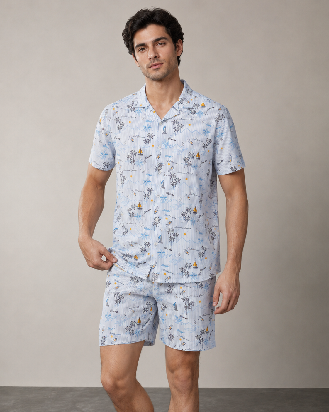 Men's Coastal Island Printed Cord Set | Shirt & Shorts Co-ord