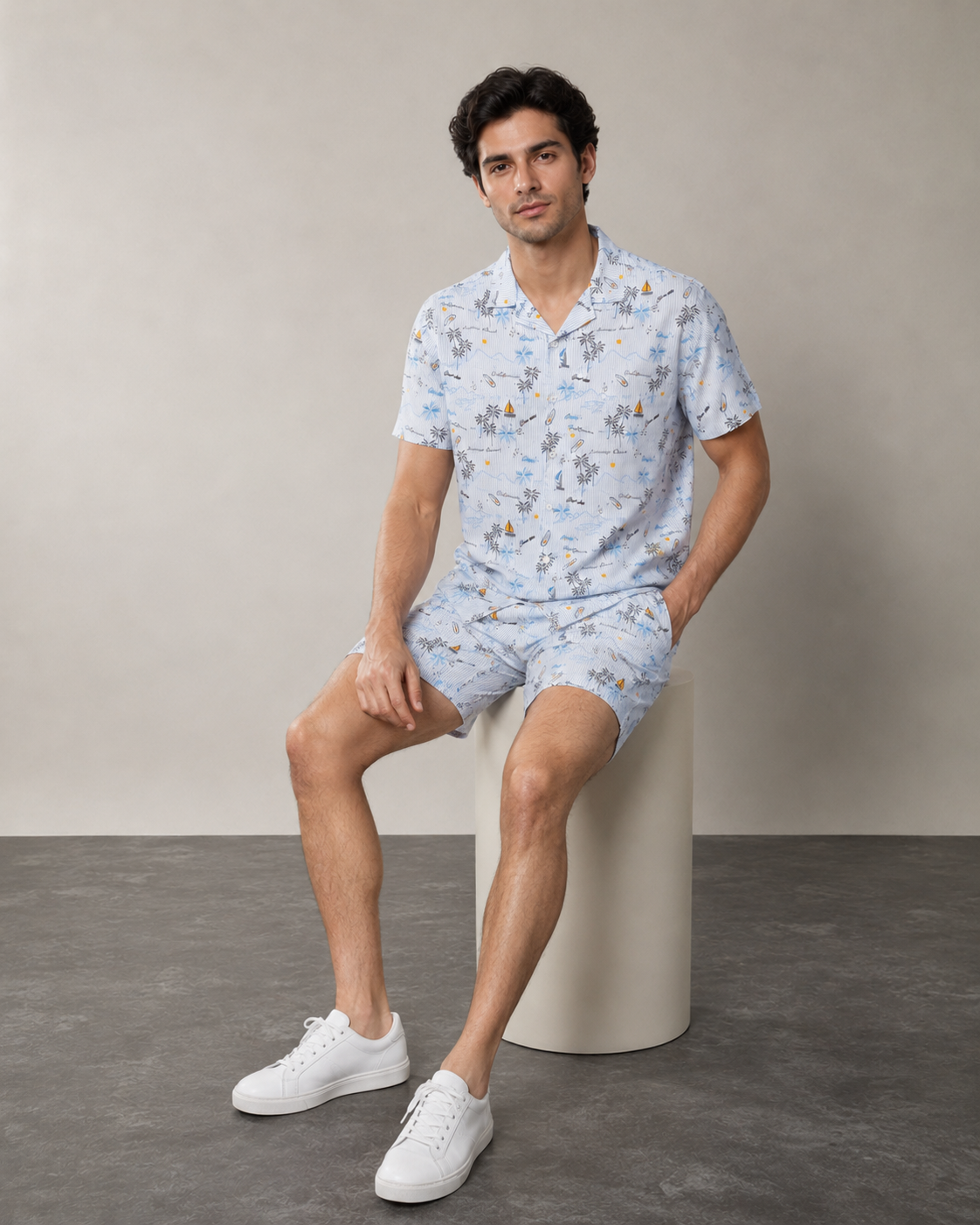 Men's Coastal Island Printed Cord Set | Shirt & Shorts Co-ord