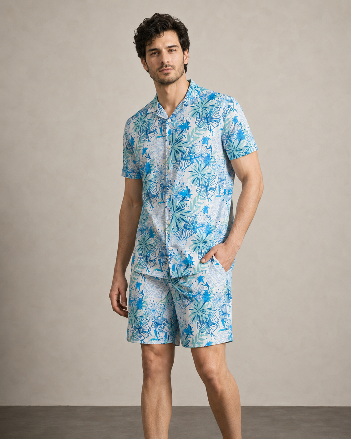Men’s Aqua Floral Printed Cord Set | Shirt & Shorts Co-ord