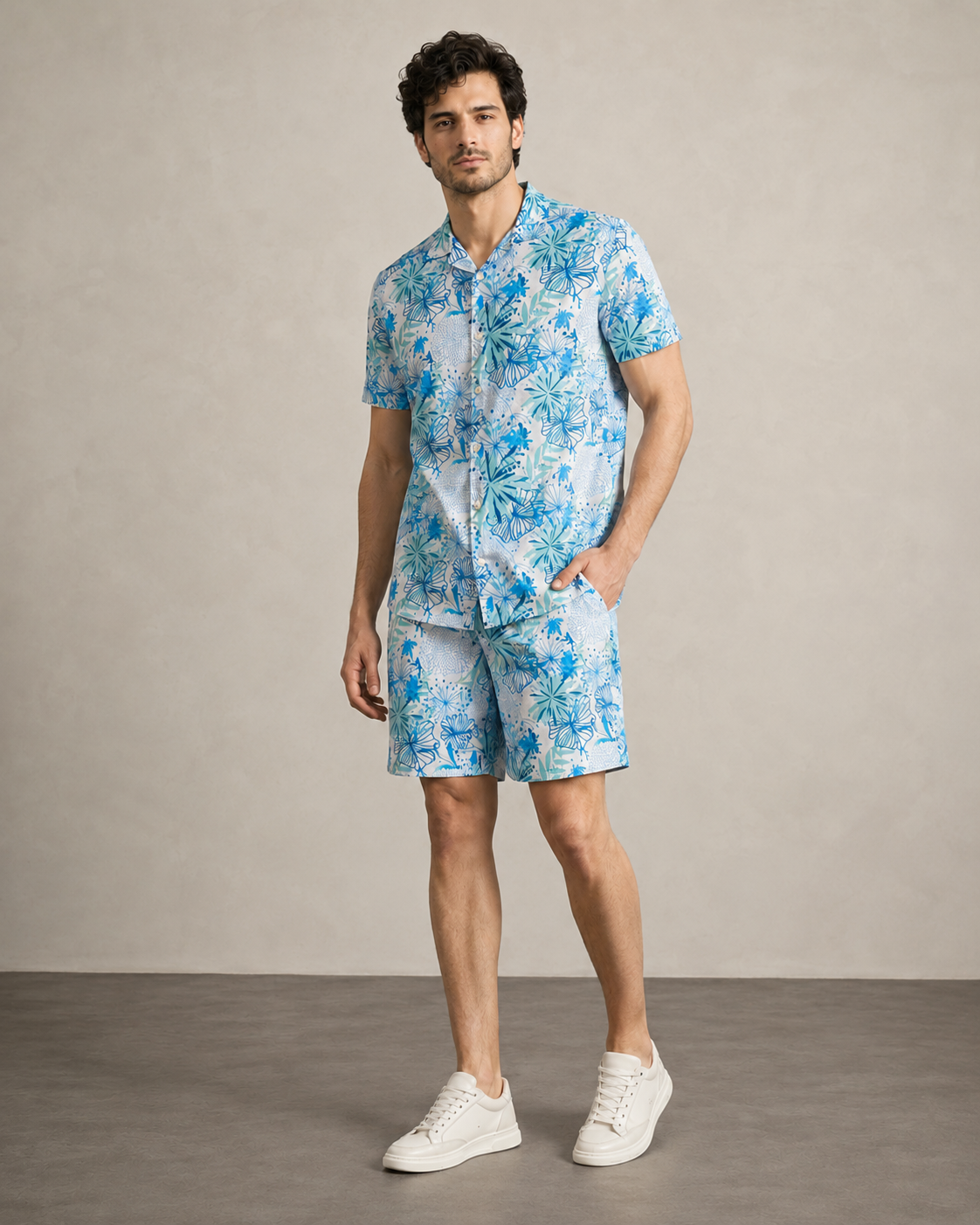 Men’s Aqua Floral Printed Cord Set | Shirt & Shorts Co-ord