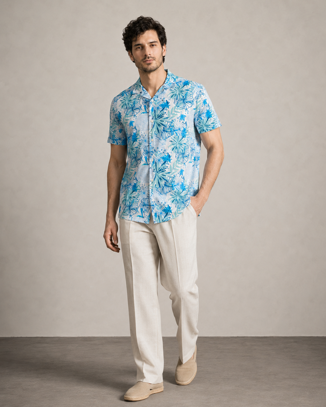 Men’s Aqua Floral Printed Cord Set | Shirt & Shorts Co-ord