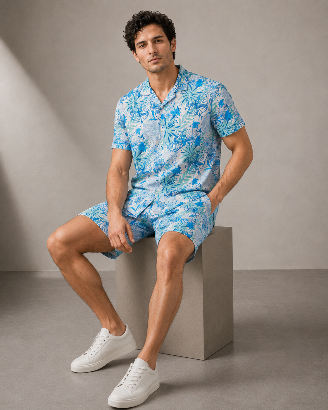 Men’s Aqua Floral Printed Cord Set | Shirt & Shorts Co-ord