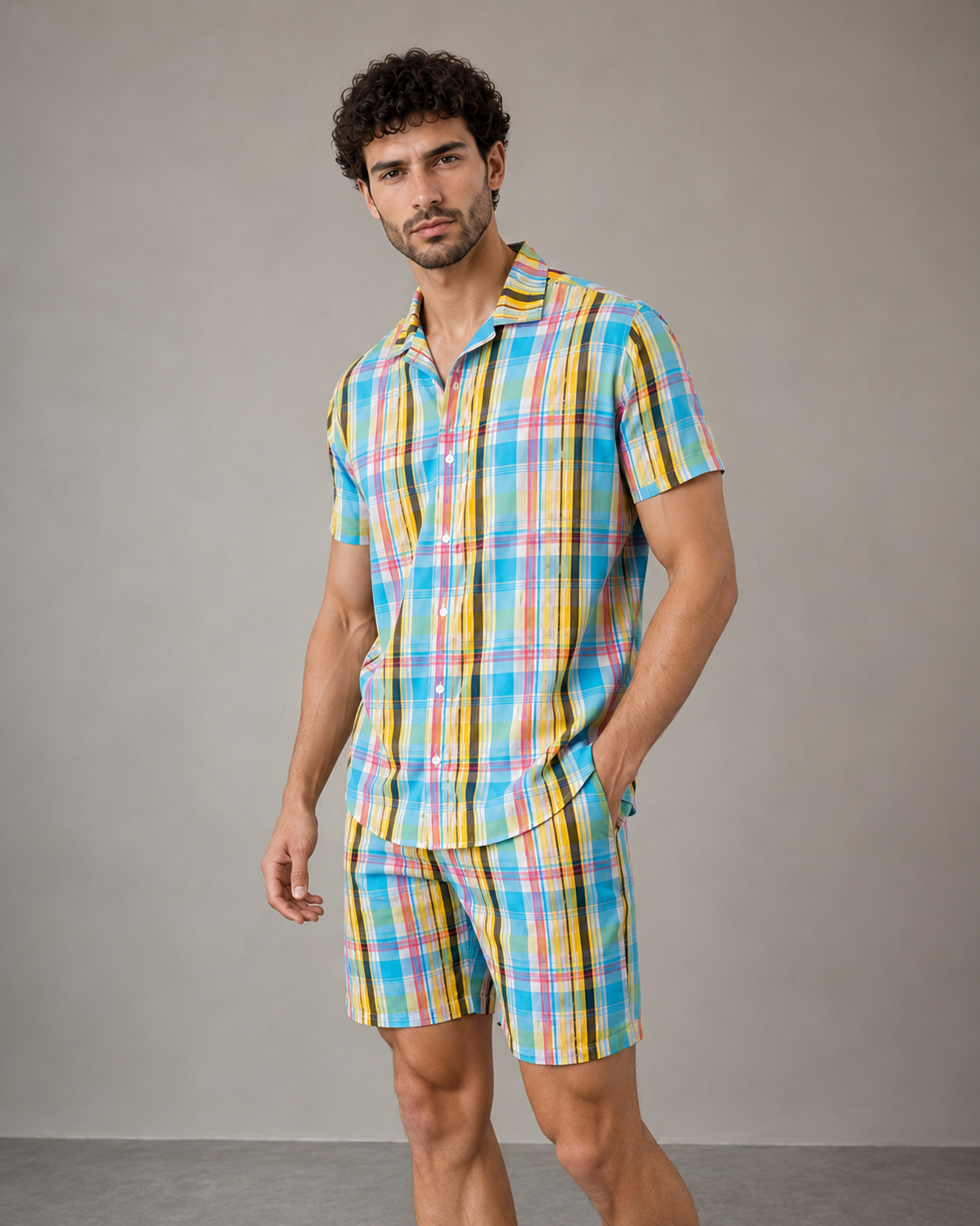 Men’s Aqua Plaid Cotton Cord Set | Shirt & Shorts Co-ord
