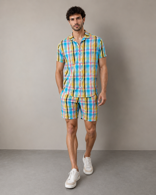 Men’s Aqua Plaid Cotton Cord Set | Shirt & Shorts Co-ord