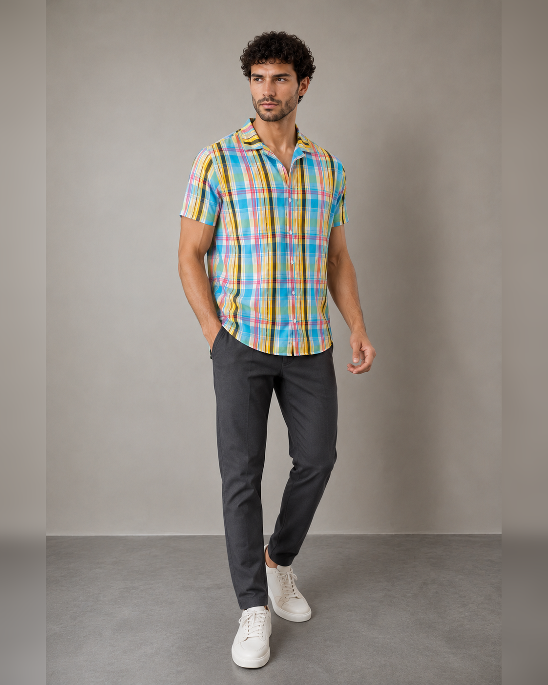 Men’s Aqua Plaid Cotton Cord Set | Shirt & Shorts Co-ord