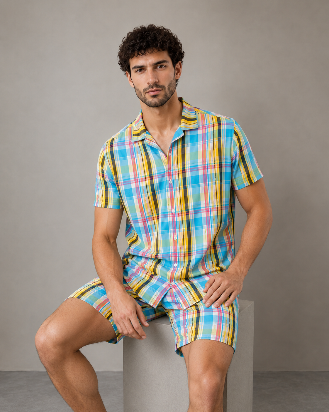 Men’s Aqua Plaid Cotton Cord Set | Shirt & Shorts Co-ord