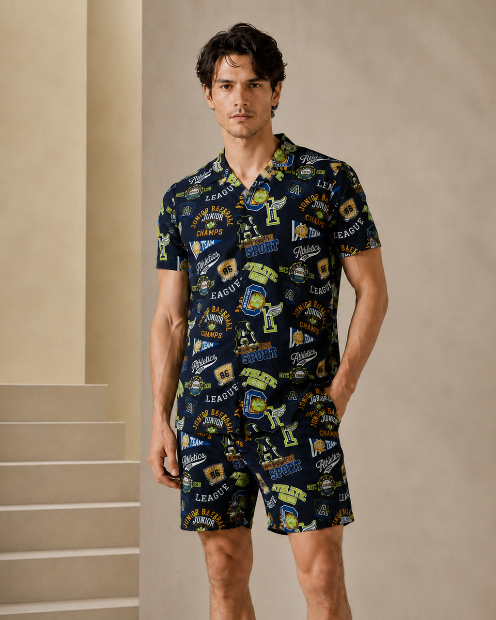 Men’s Athletic Graphic Printed Cord Set | Casual Shirt & Shorts Co-ord