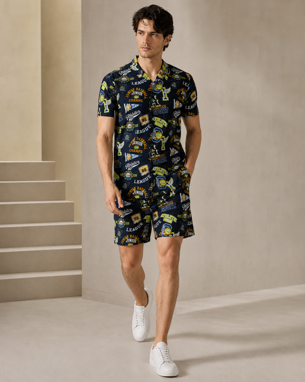 Men’s Athletic Graphic Printed Cord Set | Casual Shirt & Shorts Co-ord