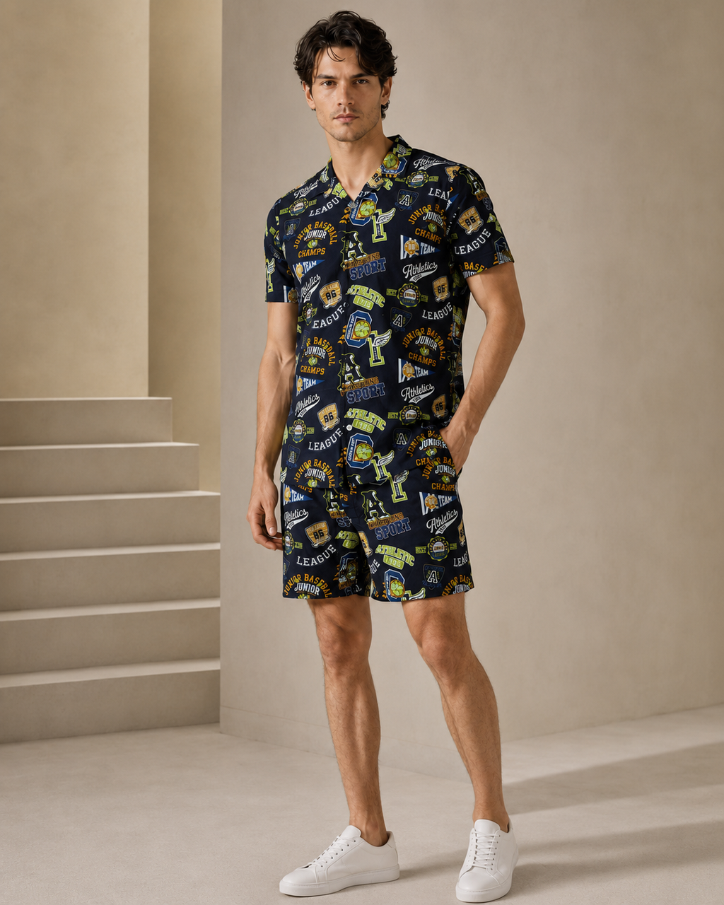 Men’s Athletic Graphic Printed Cord Set | Casual Shirt & Shorts Co-ord
