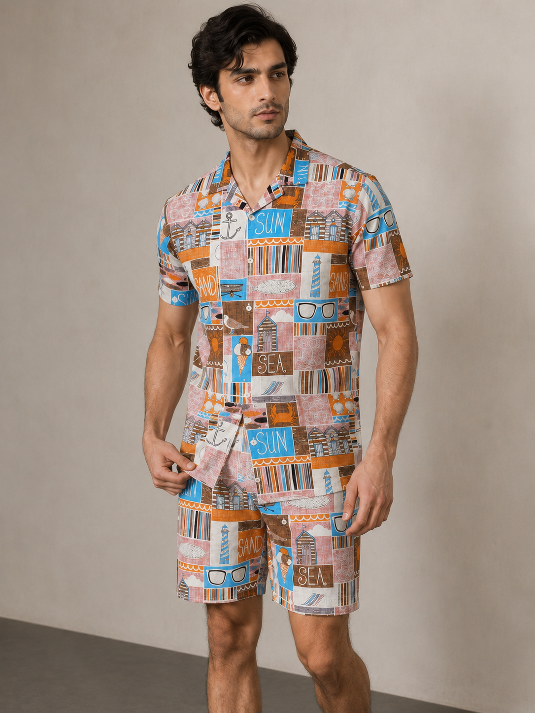 Men’s Beach Postcard Printed Cord Set | Shirt & Shorts Co-ord