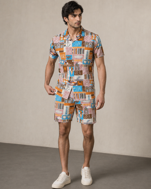 Men’s Beach Postcard Printed Cord Set | Shirt & Shorts Co-ord