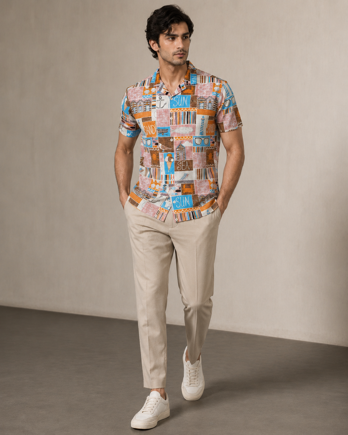 Men’s Beach Postcard Printed Cord Set | Shirt & Shorts Co-ord