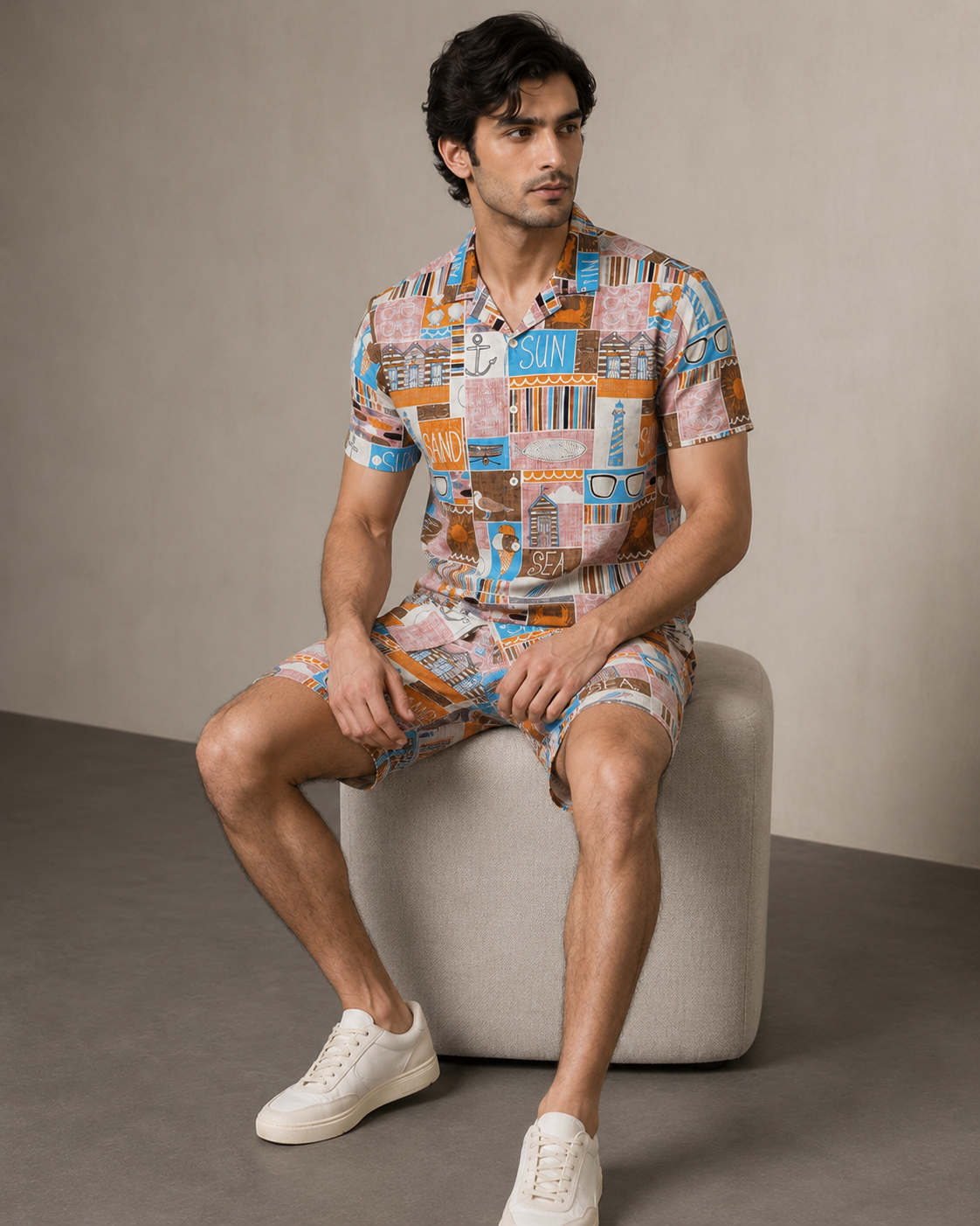 Men’s Beach Postcard Printed Cord Set | Shirt & Shorts Co-ord