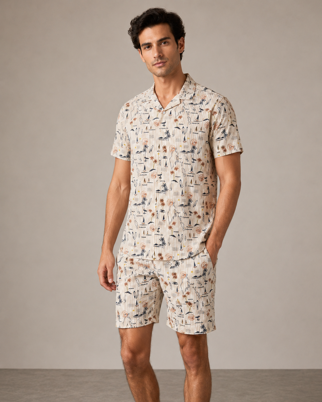 Men’s Beige Coastal Sketch Cord Set | Shirt & Shorts Co-ord
