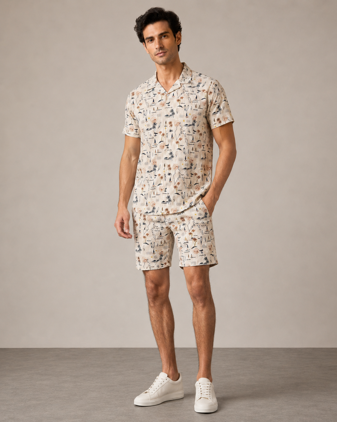 Men’s Beige Coastal Sketch Cord Set | Shirt & Shorts Co-ord