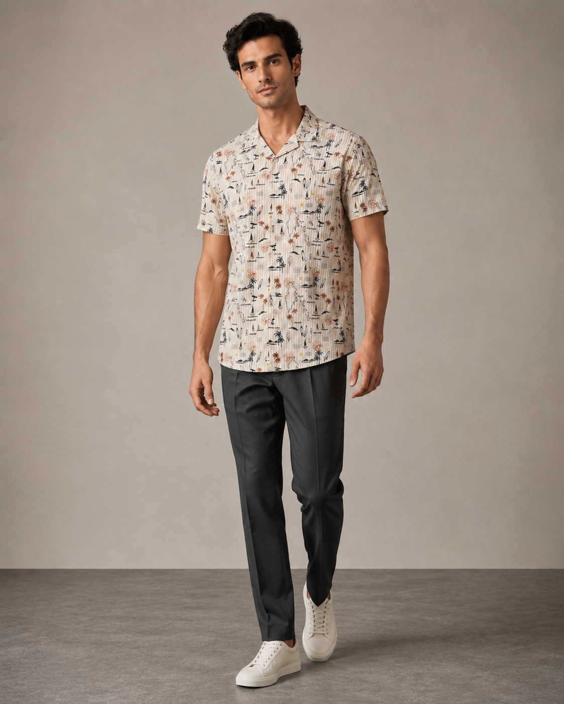 Men’s Beige Coastal Sketch Cord Set | Shirt & Shorts Co-ord