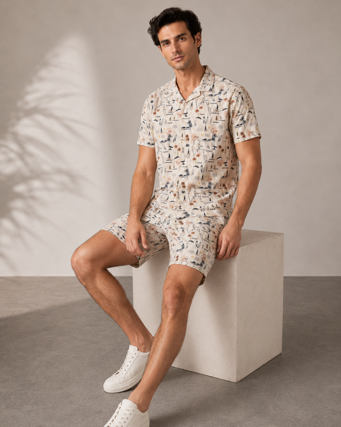 Men’s Beige Coastal Sketch Cord Set | Shirt & Shorts Co-ord