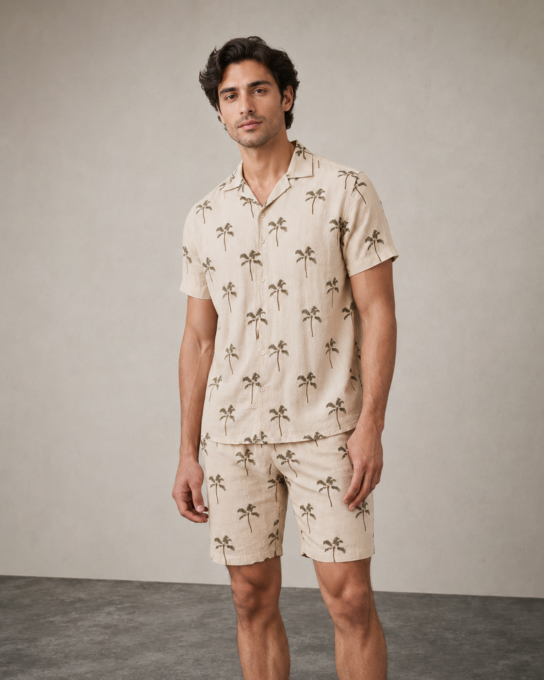 Men’s Beige Palm Printed Cord Set | Shirt & Shorts Co-ord