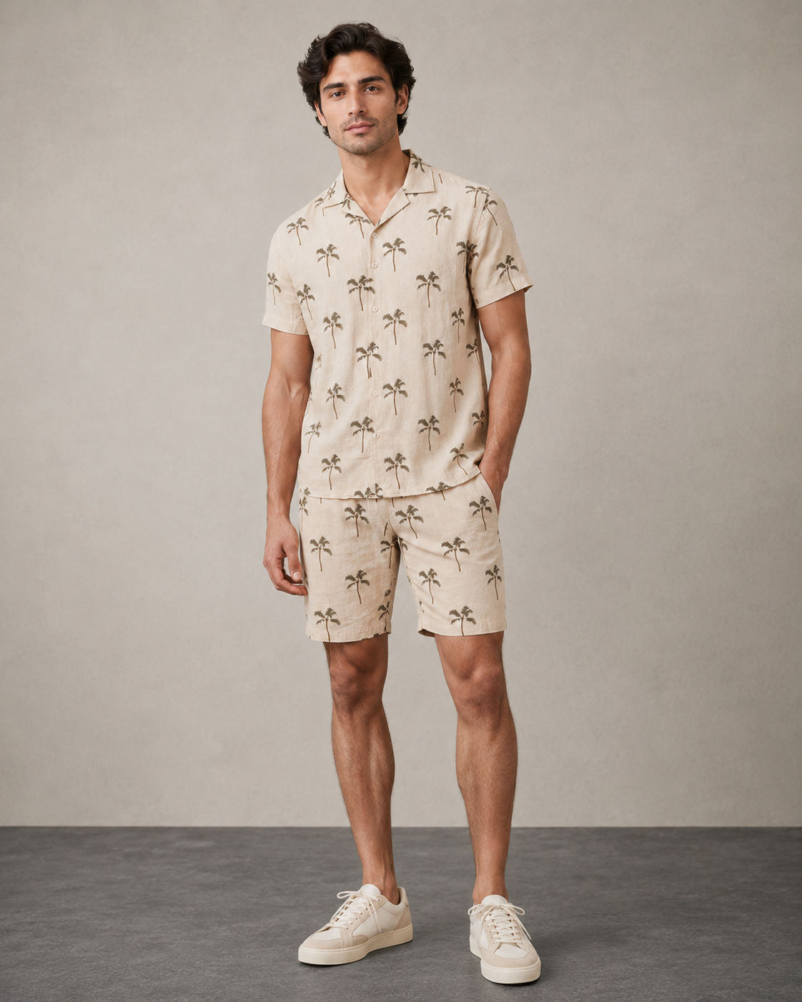 Men’s Beige Palm Printed Cord Set | Shirt & Shorts Co-ord