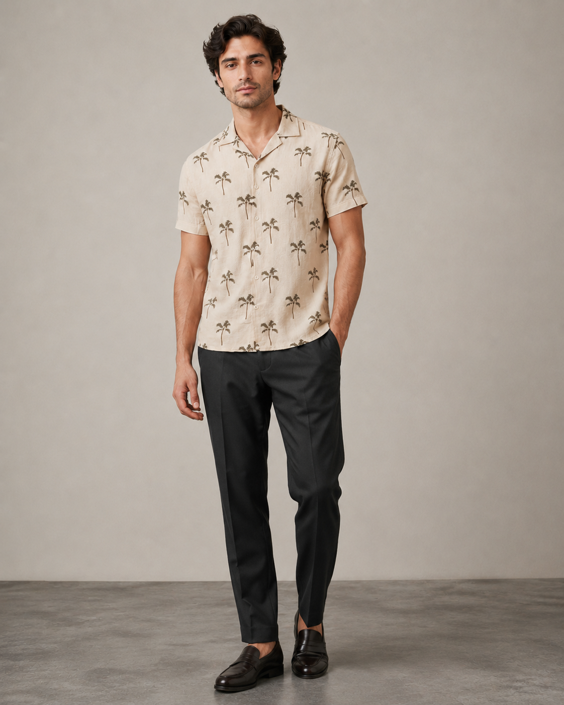 Men’s Beige Palm Printed Cord Set | Shirt & Shorts Co-ord