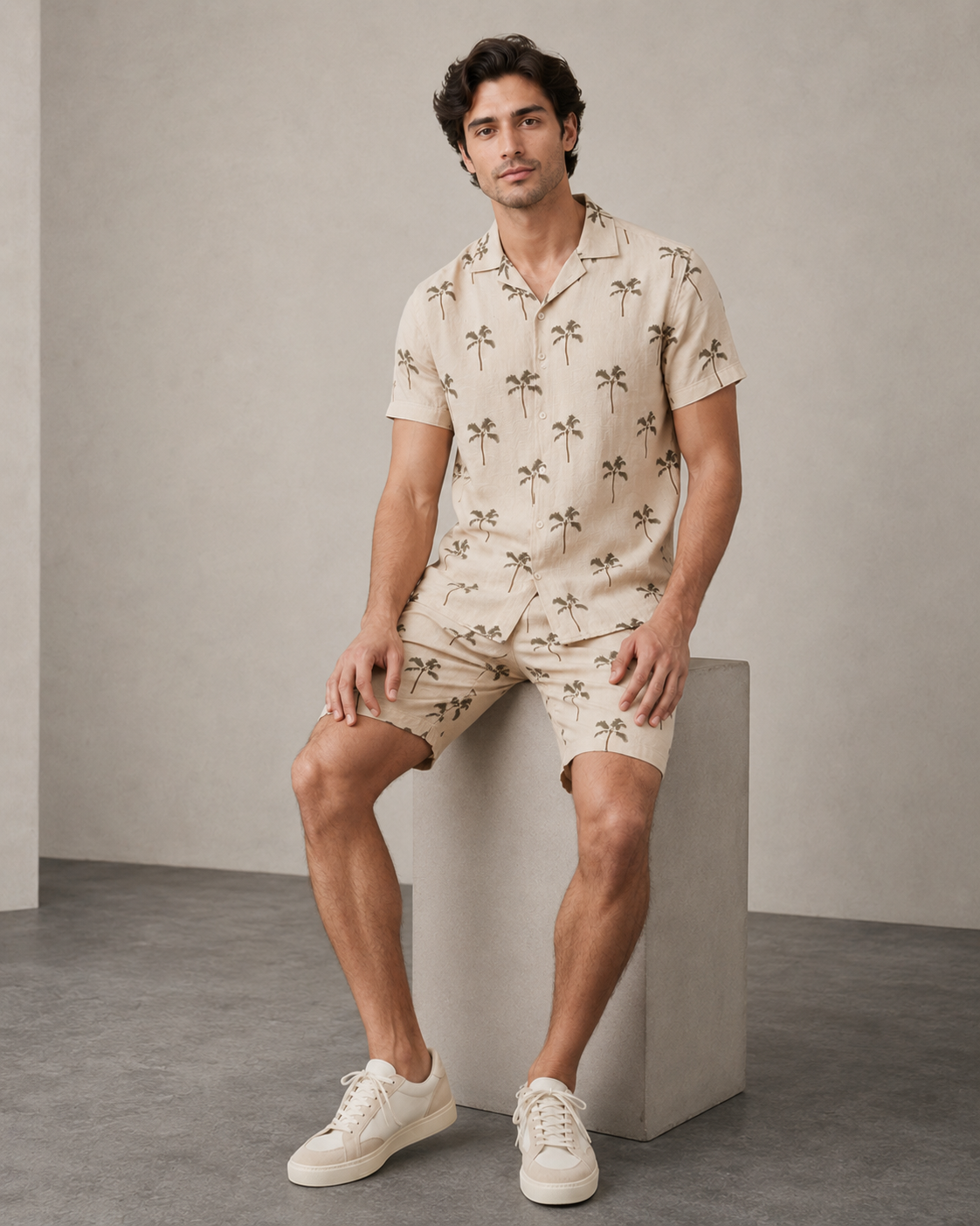 Men’s Beige Palm Printed Cord Set | Shirt & Shorts Co-ord