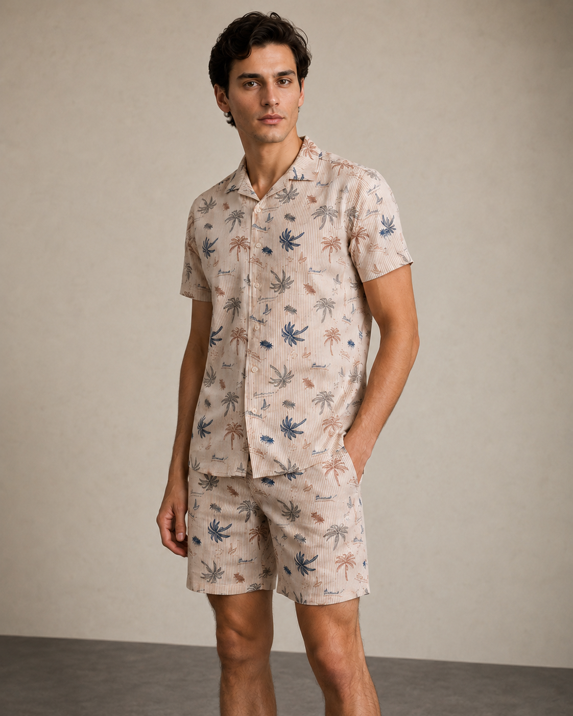 Men’s Beige Palm Stripe Cord Set | Shirt & Shorts Co-ord