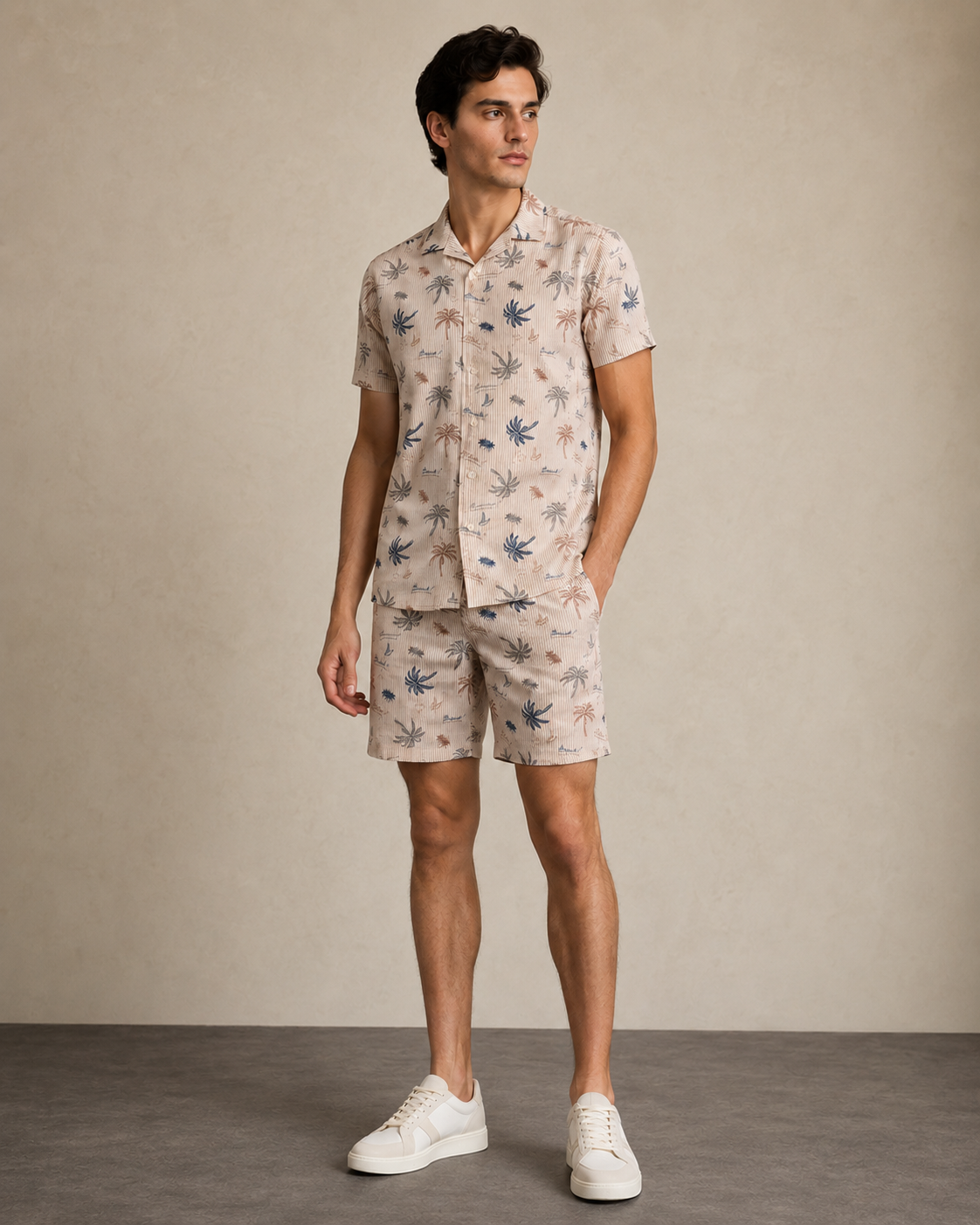 Men’s Beige Palm Stripe Cord Set | Shirt & Shorts Co-ord