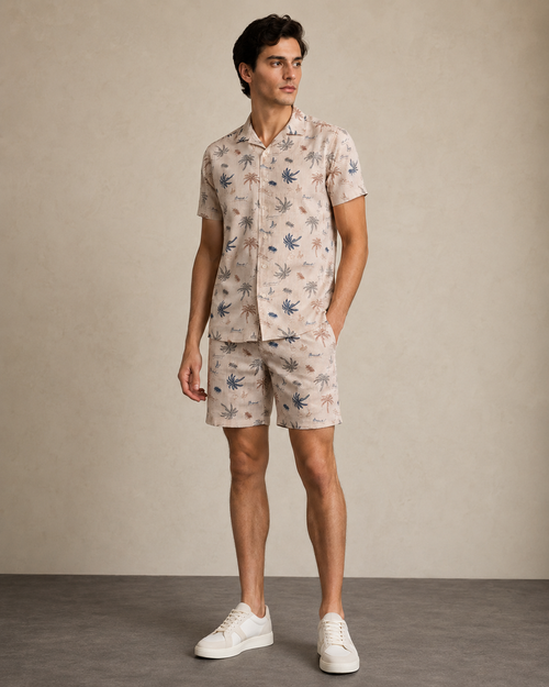 Men’s Beige Palm Stripe Cord Set | Shirt & Shorts Co-ord