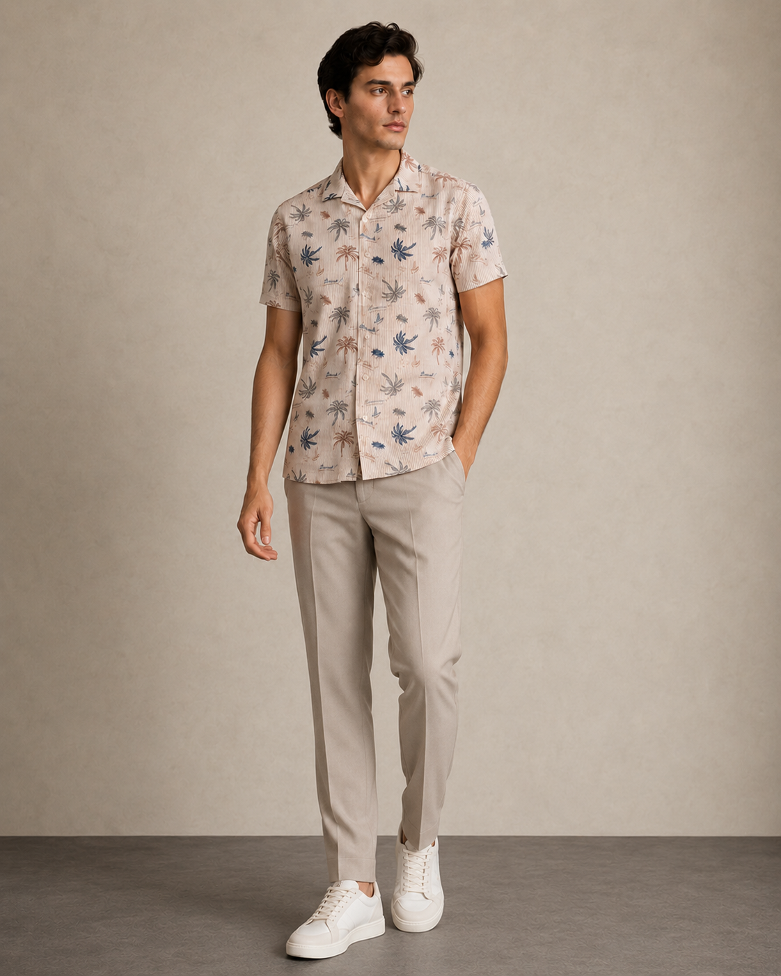 Men’s Beige Palm Stripe Cord Set | Shirt & Shorts Co-ord