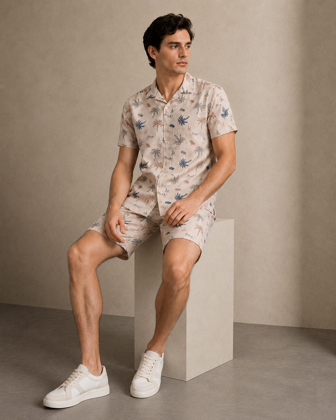 Men’s Beige Palm Stripe Cord Set | Shirt & Shorts Co-ord