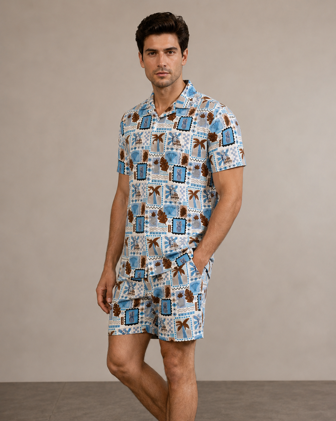 Men’s Blue Coastal Tile Printed Cord Set | Shirt & Shorts Co-ord