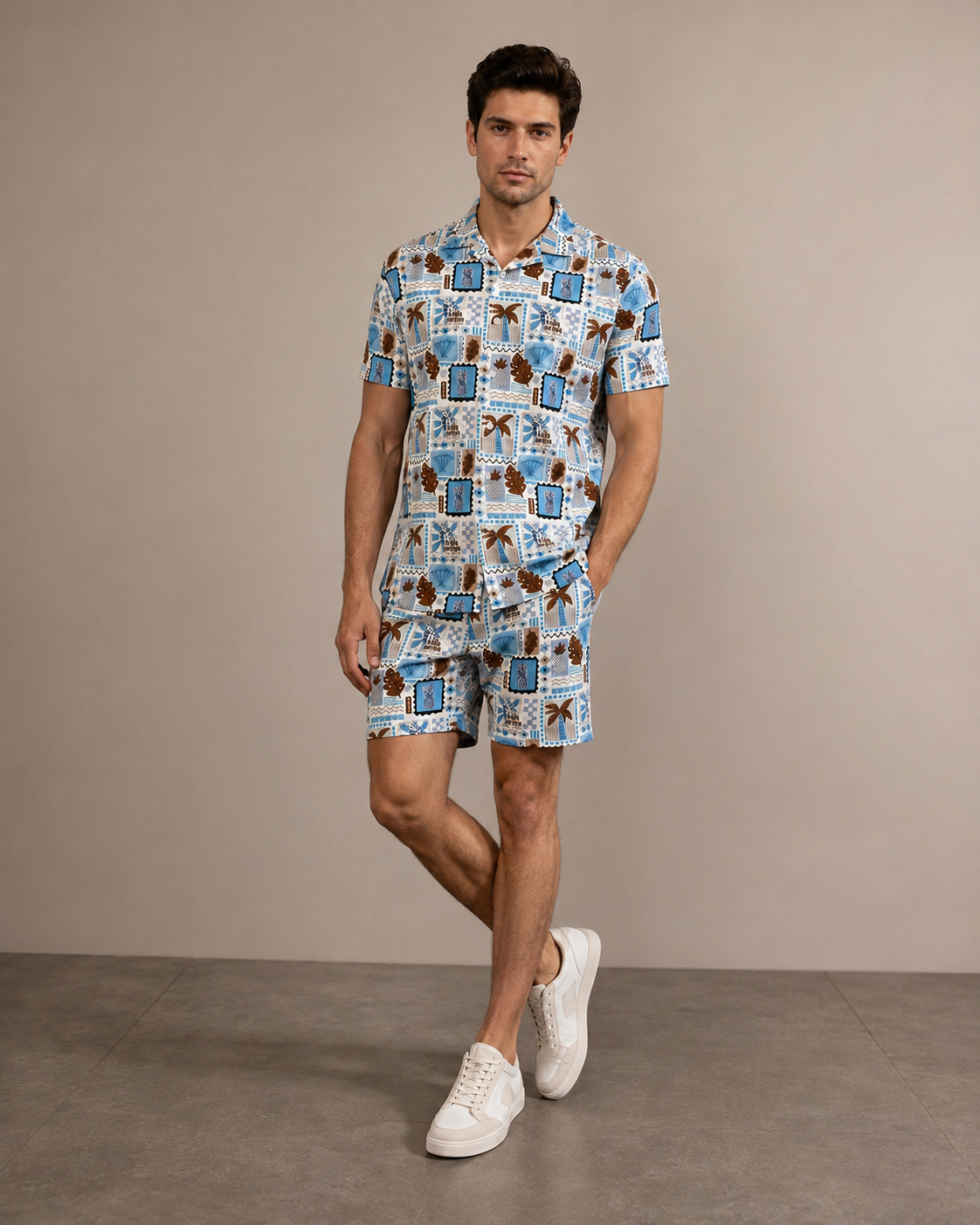 Men’s Blue Coastal Tile Printed Cord Set | Shirt & Shorts Co-ord