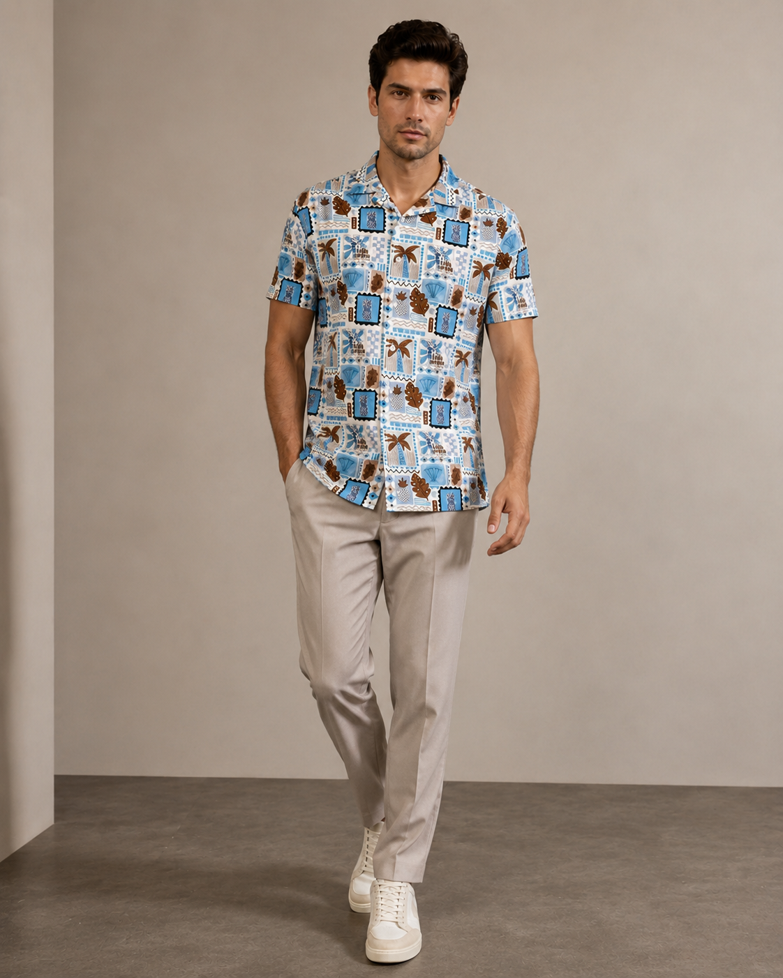 Men’s Blue Coastal Tile Printed Cord Set | Shirt & Shorts Co-ord