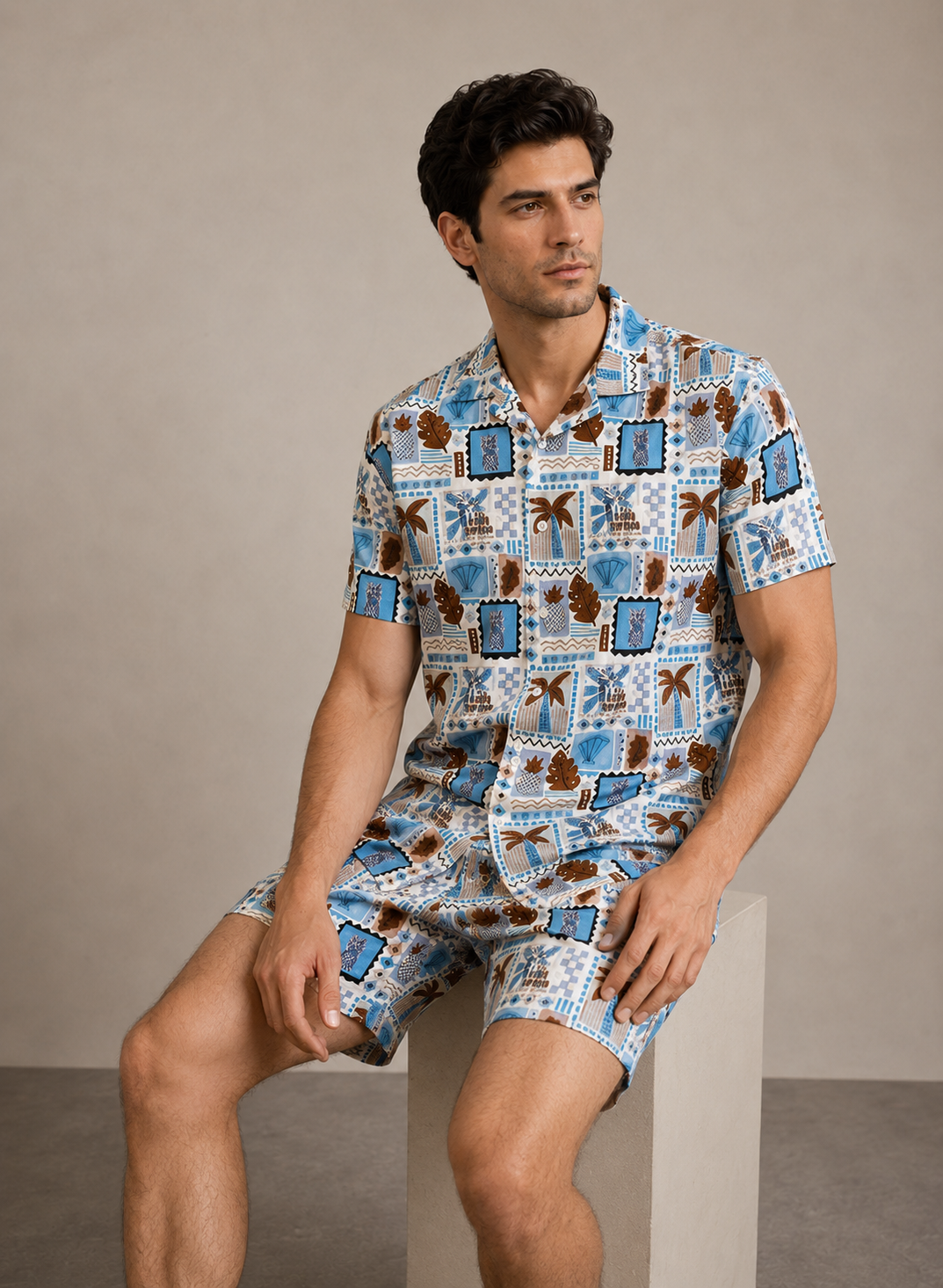 Men’s Blue Coastal Tile Printed Cord Set | Shirt & Shorts Co-ord