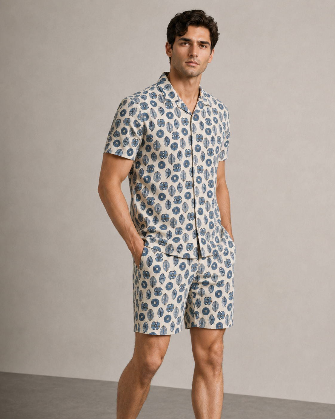 Men’s Blue Geo Print Cord Set | Shirt & Shorts Co-ord
