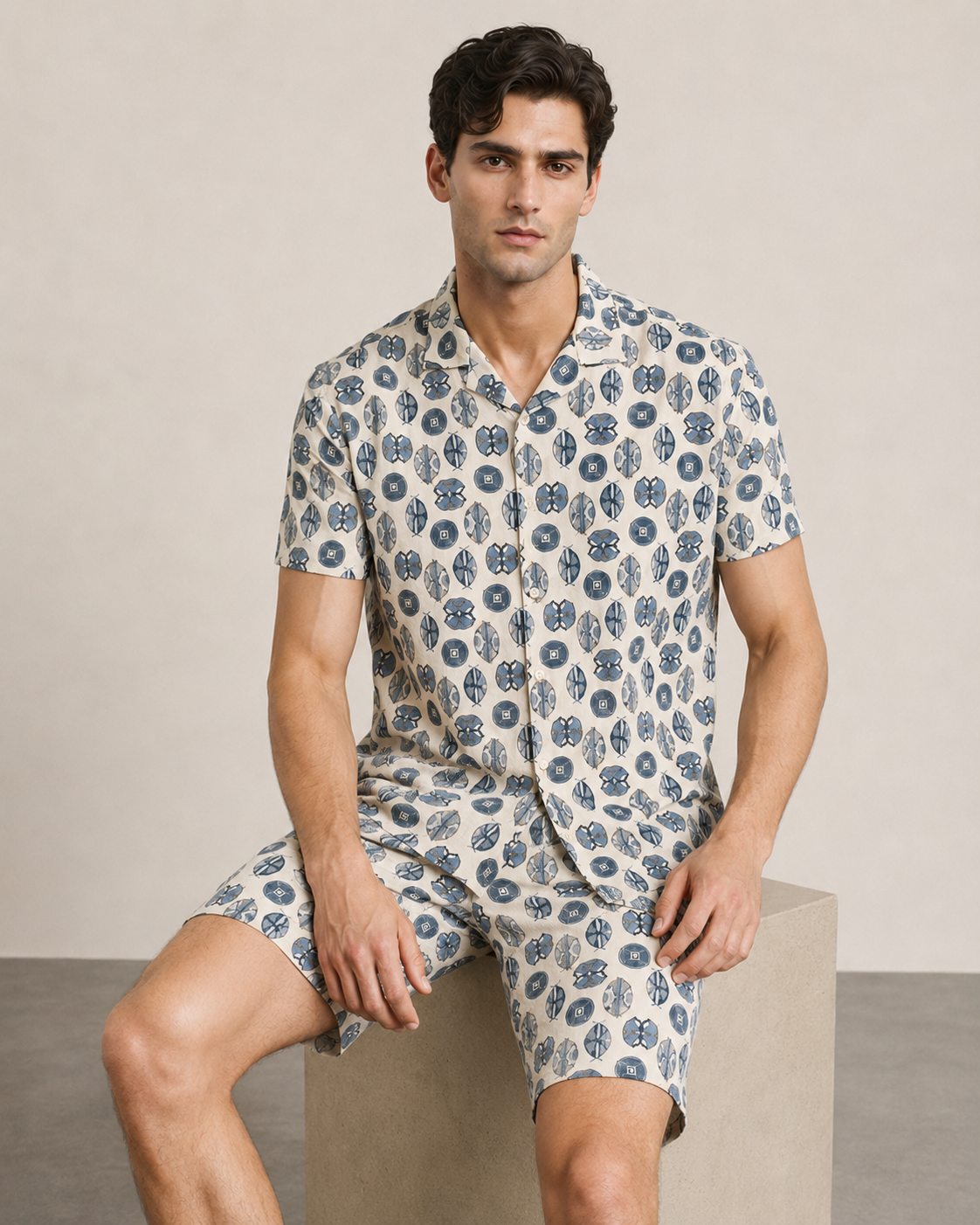 Men’s Blue Geo Print Cord Set | Shirt & Shorts Co-ord