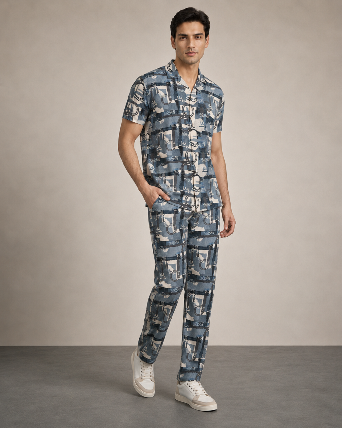 Men’s Blue Graphic Cotton PJ Cord Set | Premium Printed Shirt & Pyjama Co-ord | Luxury Loungewear & Resort Set