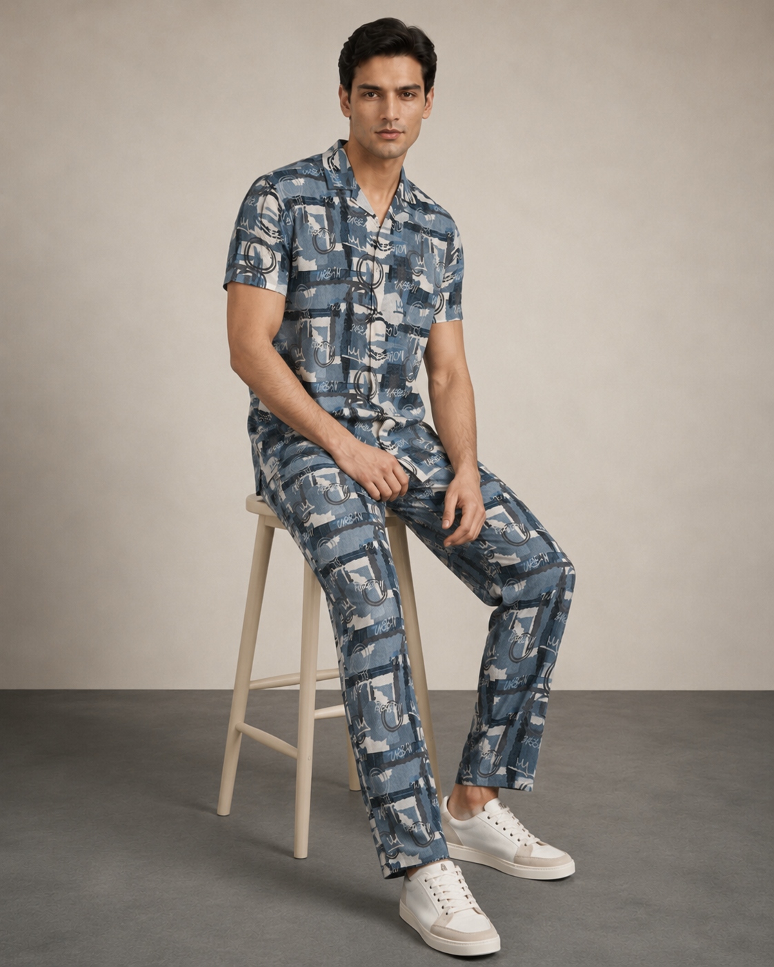 Men’s Blue Graphic Cotton PJ Cord Set | Premium Printed Shirt & Pyjama Co-ord | Luxury Loungewear & Resort Set