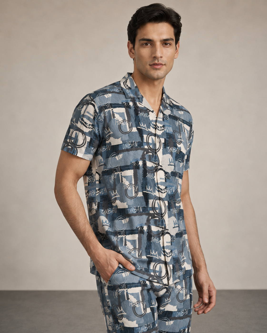 Men’s Blue Graphic Cotton PJ Cord Set | Premium Printed Shirt & Pyjama Co-ord | Luxury Loungewear & Resort Set