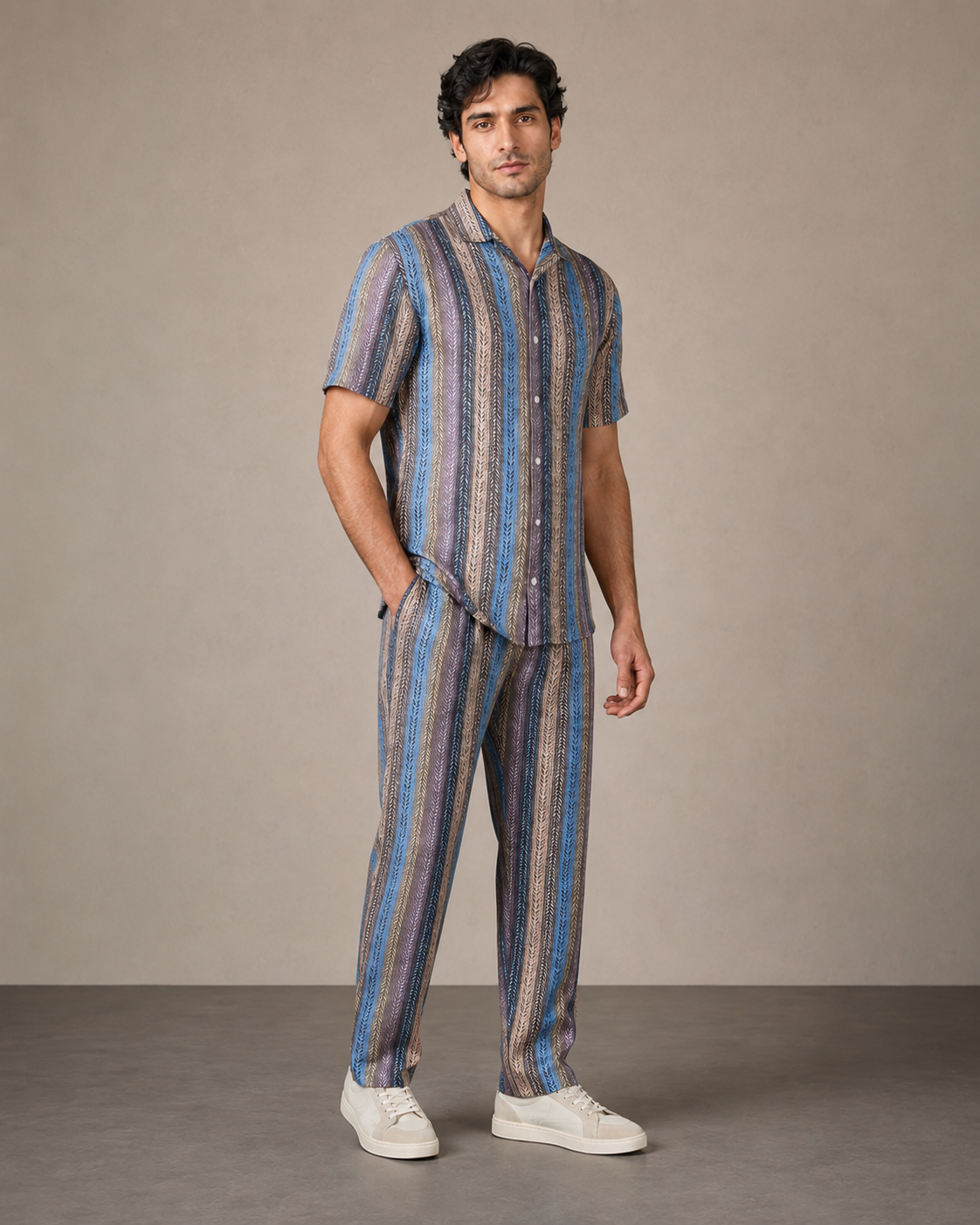 Men’s Blue Multi-Stripe Cotton PJ Cord Set | Premium Printed Shirt & Pyjama Co-ord | Luxury Loungewear & Resort Set
