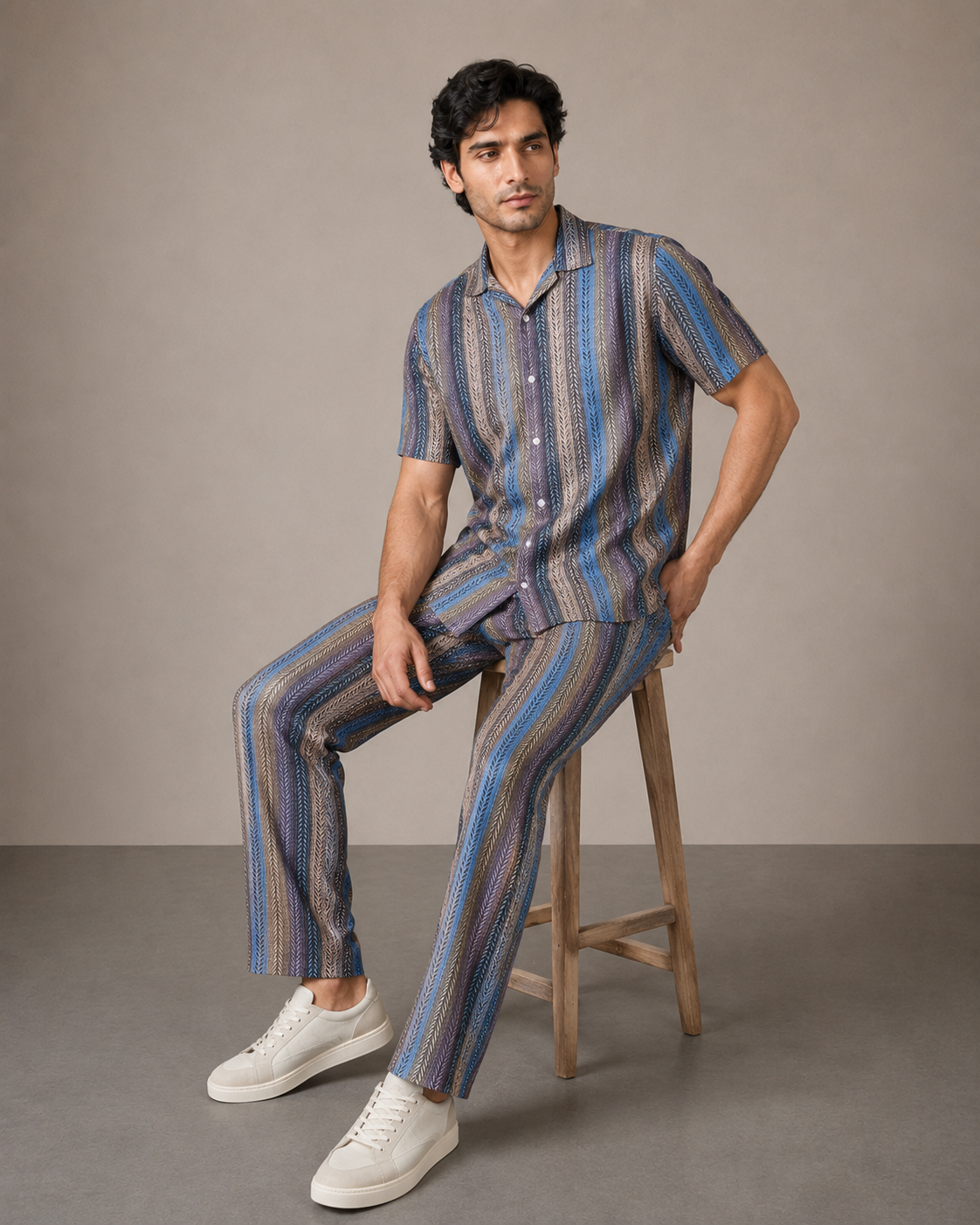 Men’s Blue Multi-Stripe Cotton PJ Cord Set | Premium Printed Shirt & Pyjama Co-ord | Luxury Loungewear & Resort Set