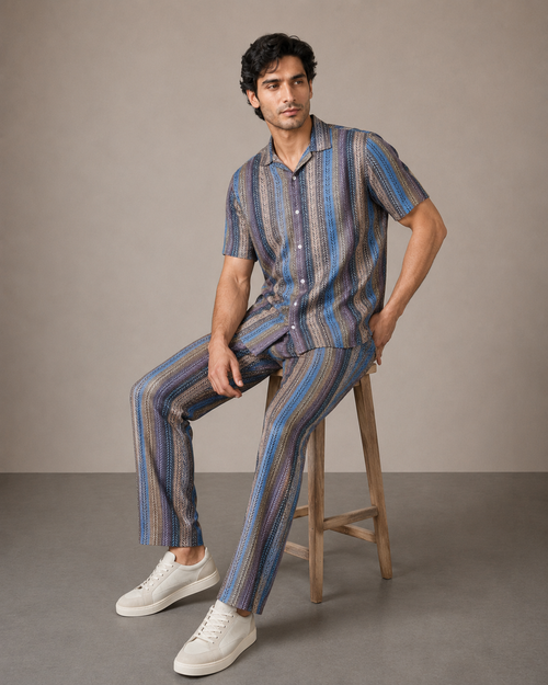 Men’s Blue Multi-Stripe Cotton PJ Cord Set | Premium Printed Shirt & Pyjama Co-ord | Luxury Loungewear & Resort Set