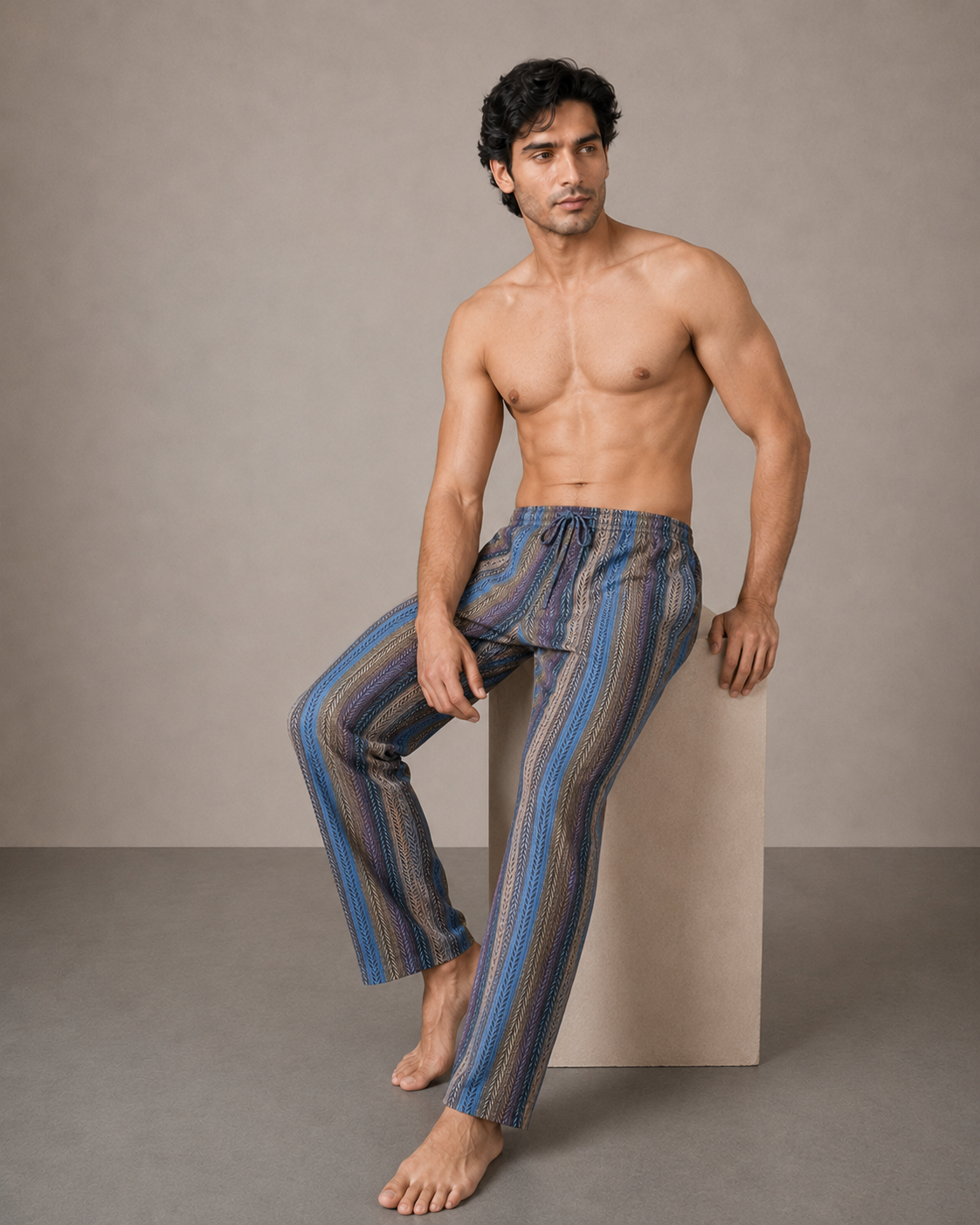Men’s Blue Multi-Stripe Cotton PJ Cord Set | Premium Printed Shirt & Pyjama Co-ord | Luxury Loungewear & Resort Set
