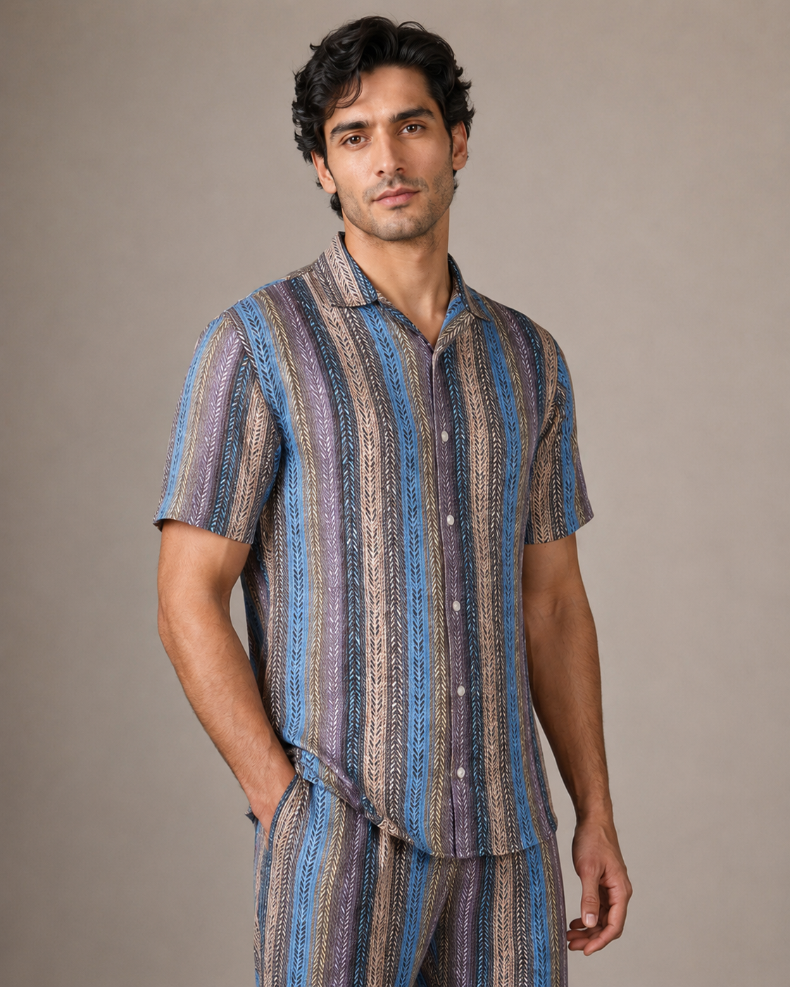 Men’s Blue Multi-Stripe Cotton PJ Cord Set | Premium Printed Shirt & Pyjama Co-ord | Luxury Loungewear & Resort Set