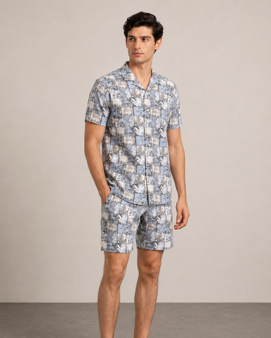 Men’s Blue Patchwork Printed Cord Set | Shirt & Shorts Co-ord