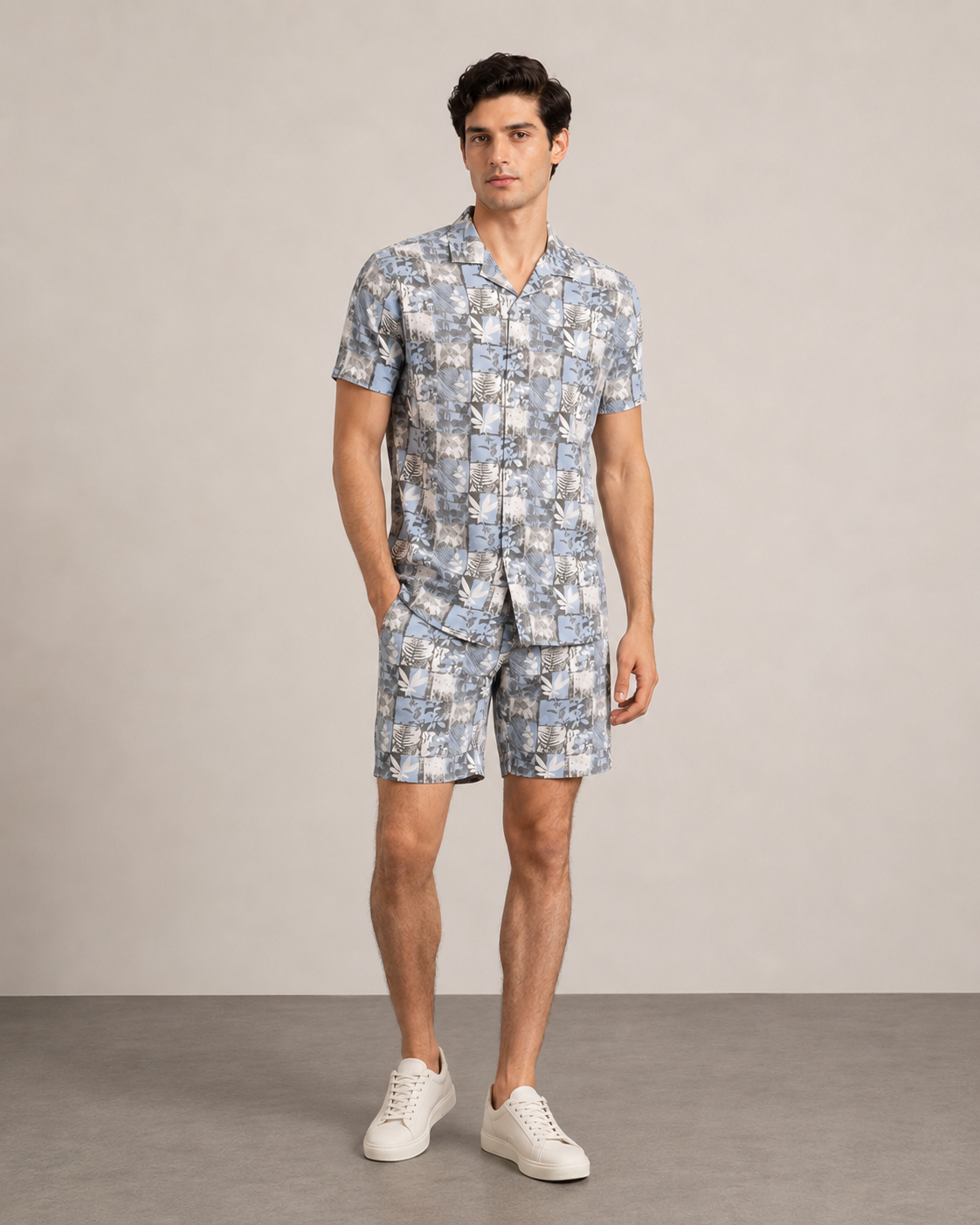 Men’s Blue Patchwork Printed Cord Set | Shirt & Shorts Co-ord